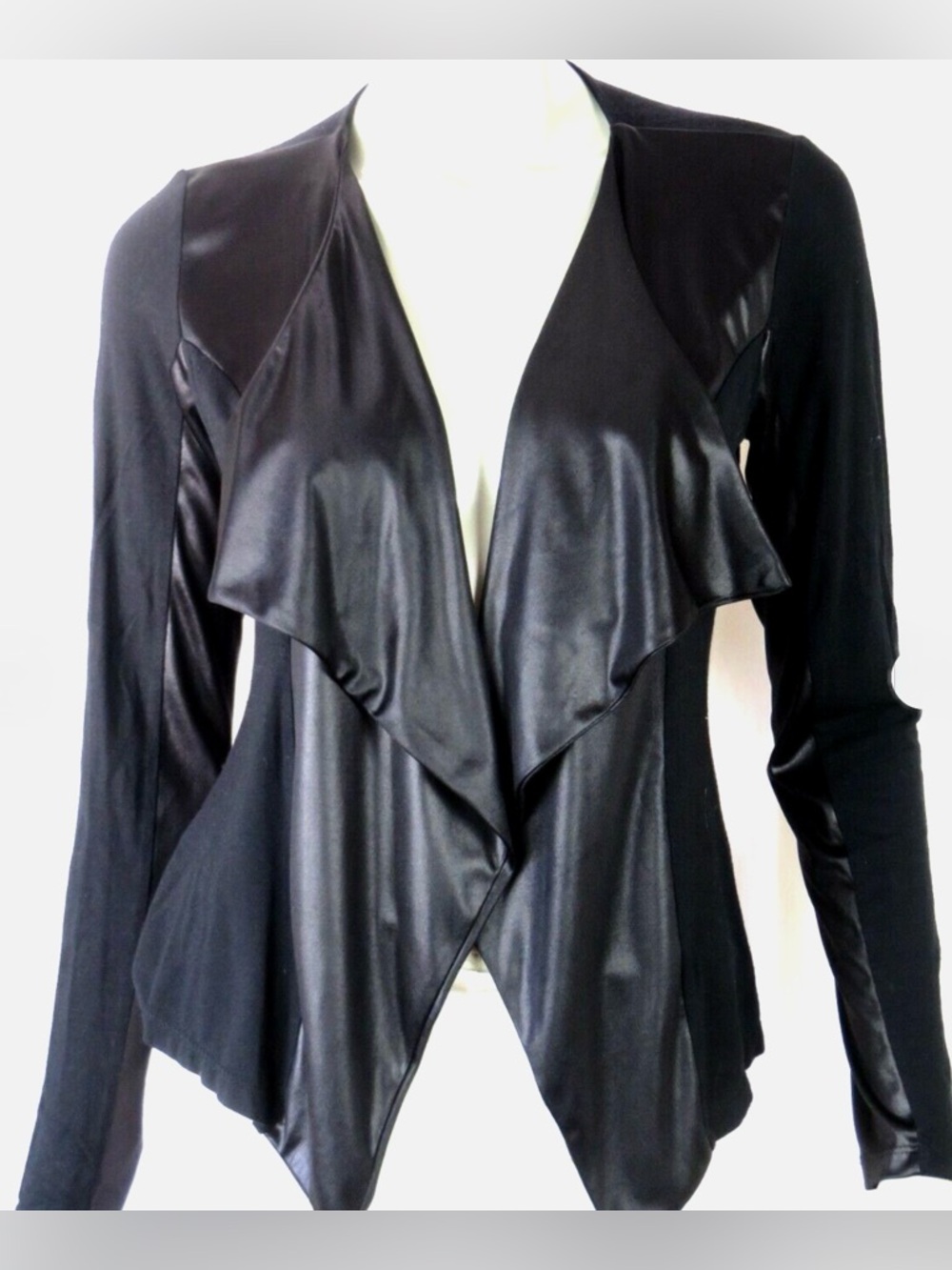 Happening in the Present  Black Faux-Leather Draped Open Front cardigan